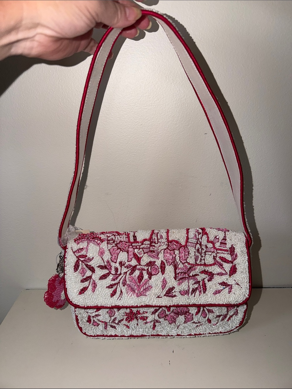 NWT Hand Beaded Floral Shoulder Bag White Sequin Embellished Handmade India